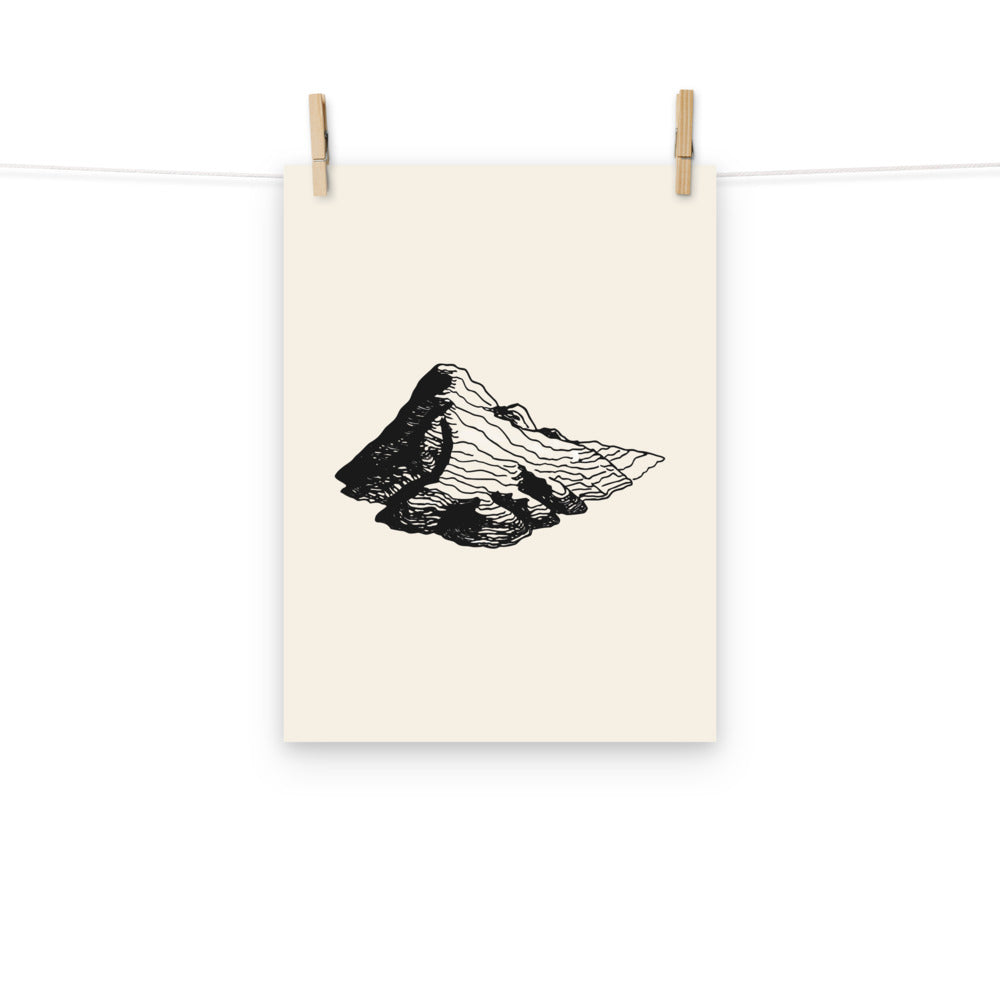 Topographic contour line art of a glacial kame terrace printed on an art print. Hung with wooden pegs, 12″×16″ size.