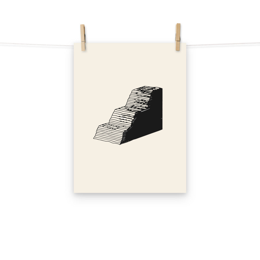 A detailed scientific elevation profile of a fault scarp in black line art on an art print. Hung with wooden pegs, 12″×16″ size.