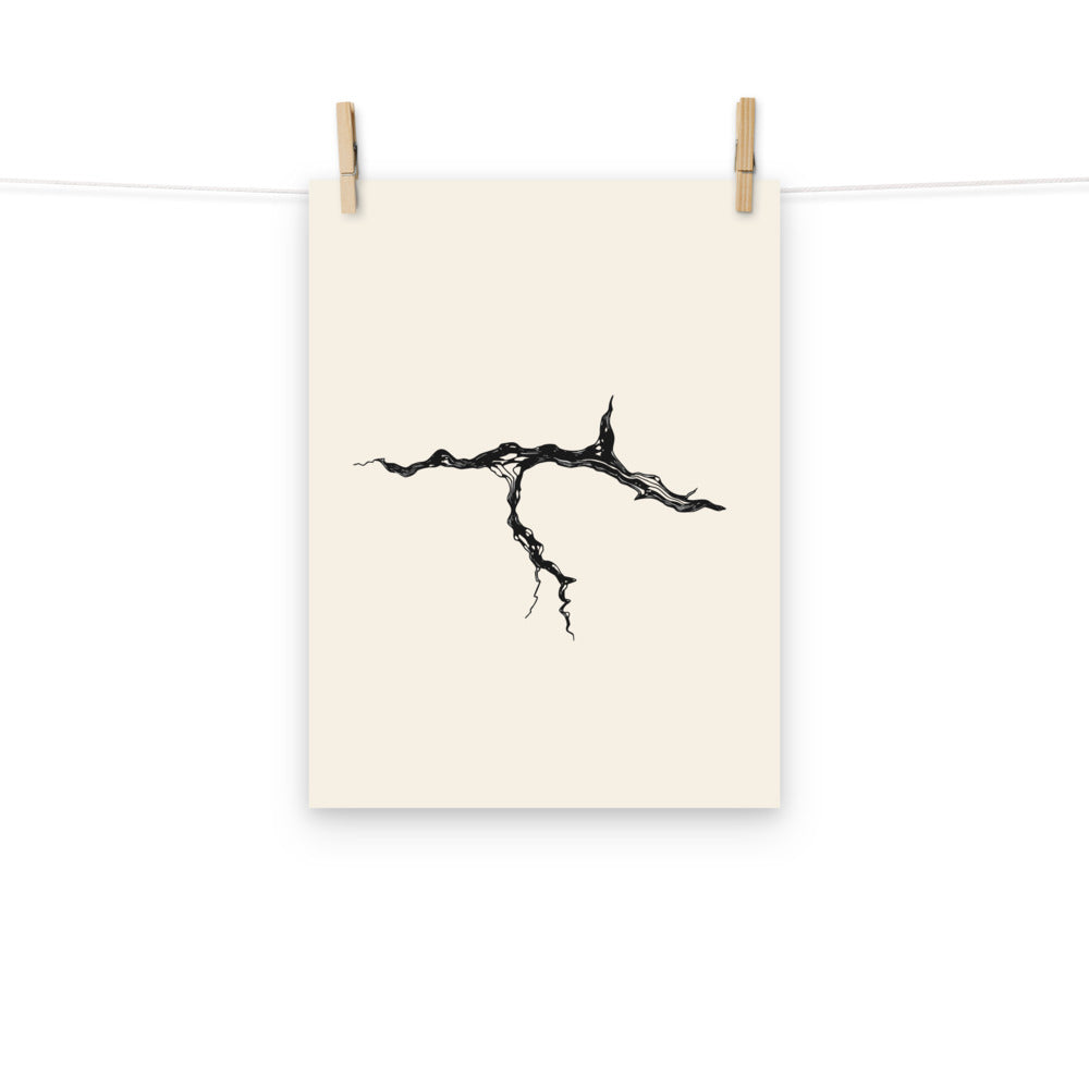 The precise topographic line art design of the Rima Hyginus lunar trench printed on an art print. Hung with wooden pegs, 12″×16″ size.