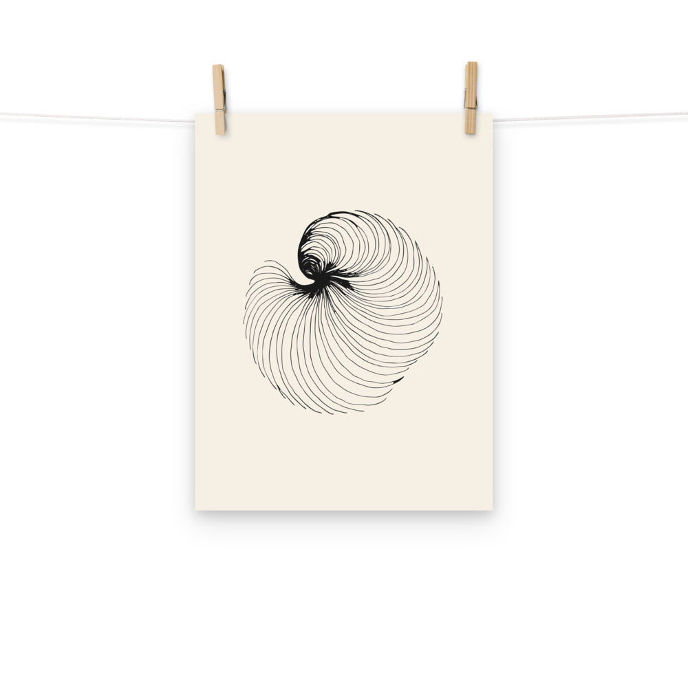 A detailed botanical-style astronomical engraving of comet dust striae printed on a minimalist art print. Hung with wooden pegs, 12″×16″ size.