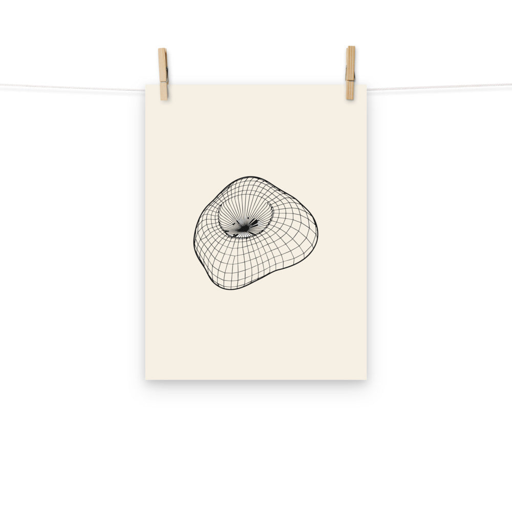 An isometric wireframe grid mapping the irregular form of Mars' moon Phobos, printed on an art print. Hung with wooden pegs, 12″×16″ size.