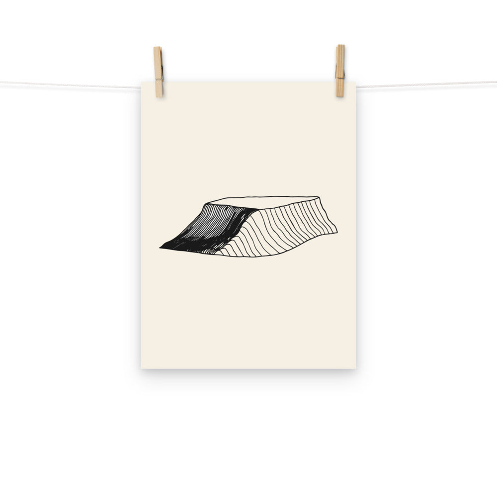 A minimal black and white bathymetric art print showing the topography of the continental shelf break. Hung with wooden pegs, 12″×16″ size.