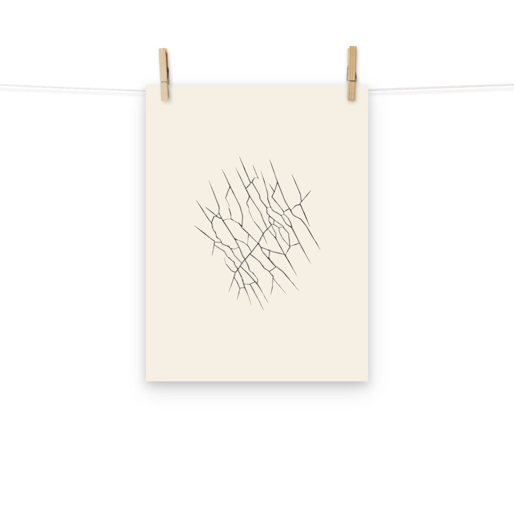 A plan-view schematic of glacier tension crevasse patterns in sharp, tapered lines printed on an art print. Hung with wooden pegs, 12″×16″ size.
