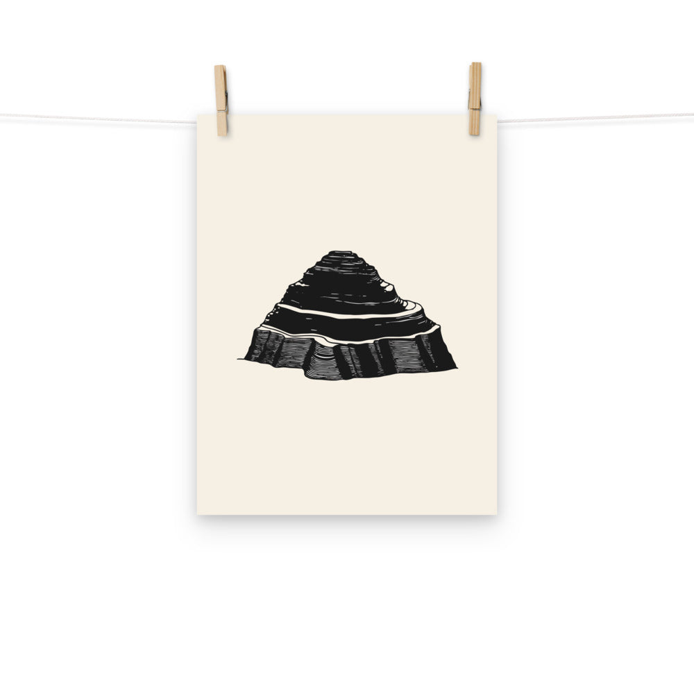 A minimalist topographic contour map design depicting marine terraces printed on an art print. Hung with wooden pegs, 12″×16″ size.