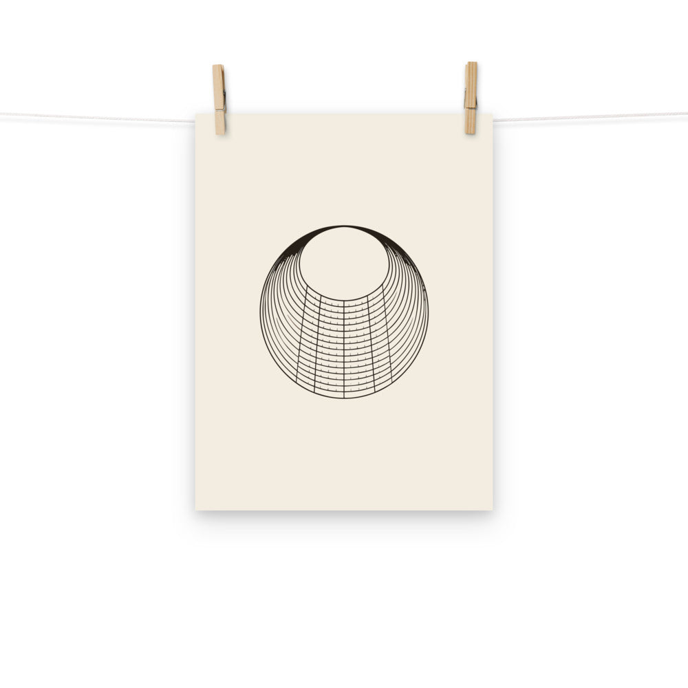 An astronomical circular wheel diagram of annual twilight bands printed on a minimalist art print. Hung with wooden pegs, 12″×16″ size.
