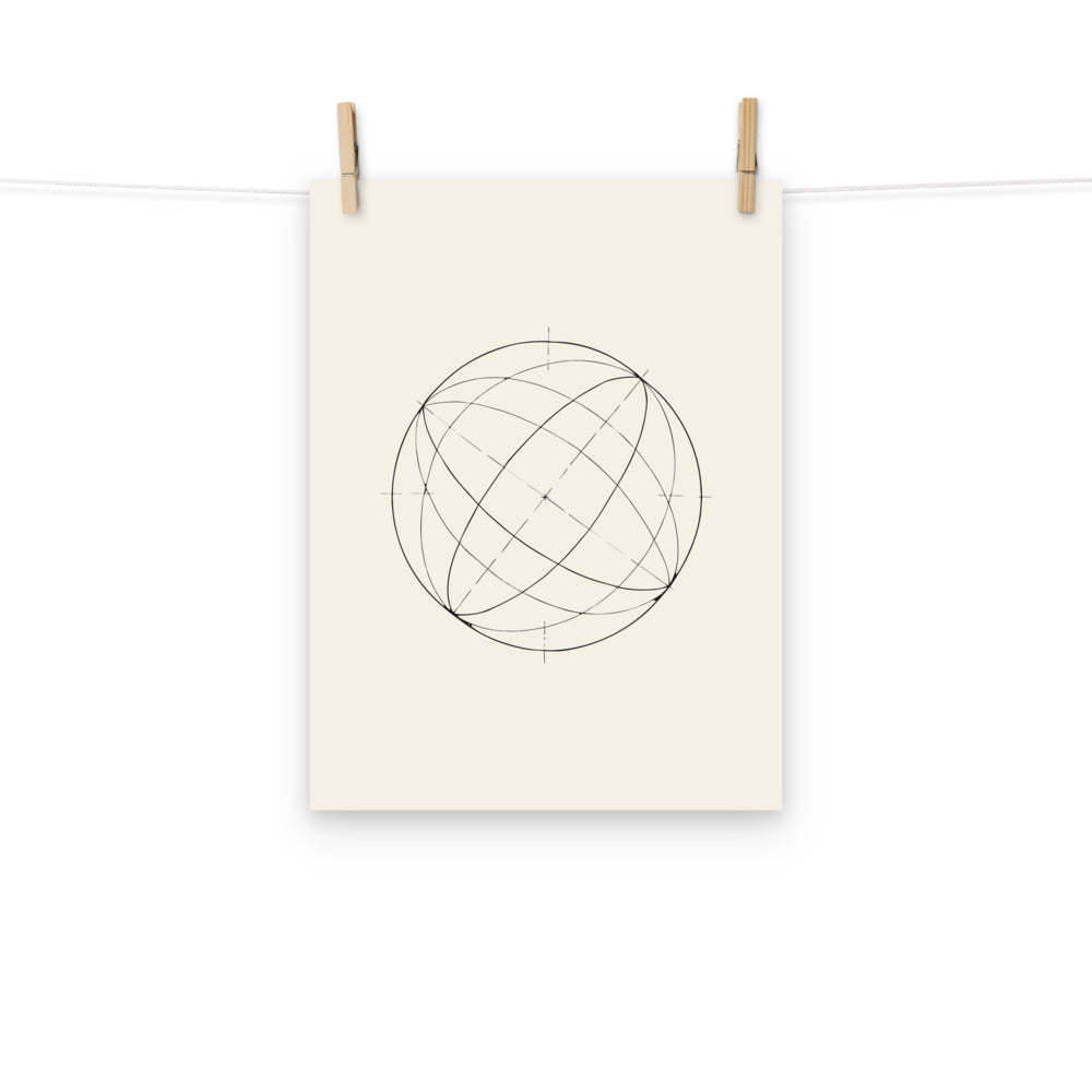 A two-tone line drawing of the celestial equator and ecliptic plane intersection on an art print. Hung with wooden pegs, 12″×16″ size.