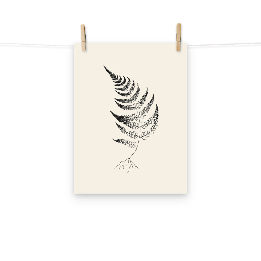 A wood fern engraving featuring detailed root structures and arched fronds, printed on an art print. Hung with wooden pegs, 12″×16″ size.