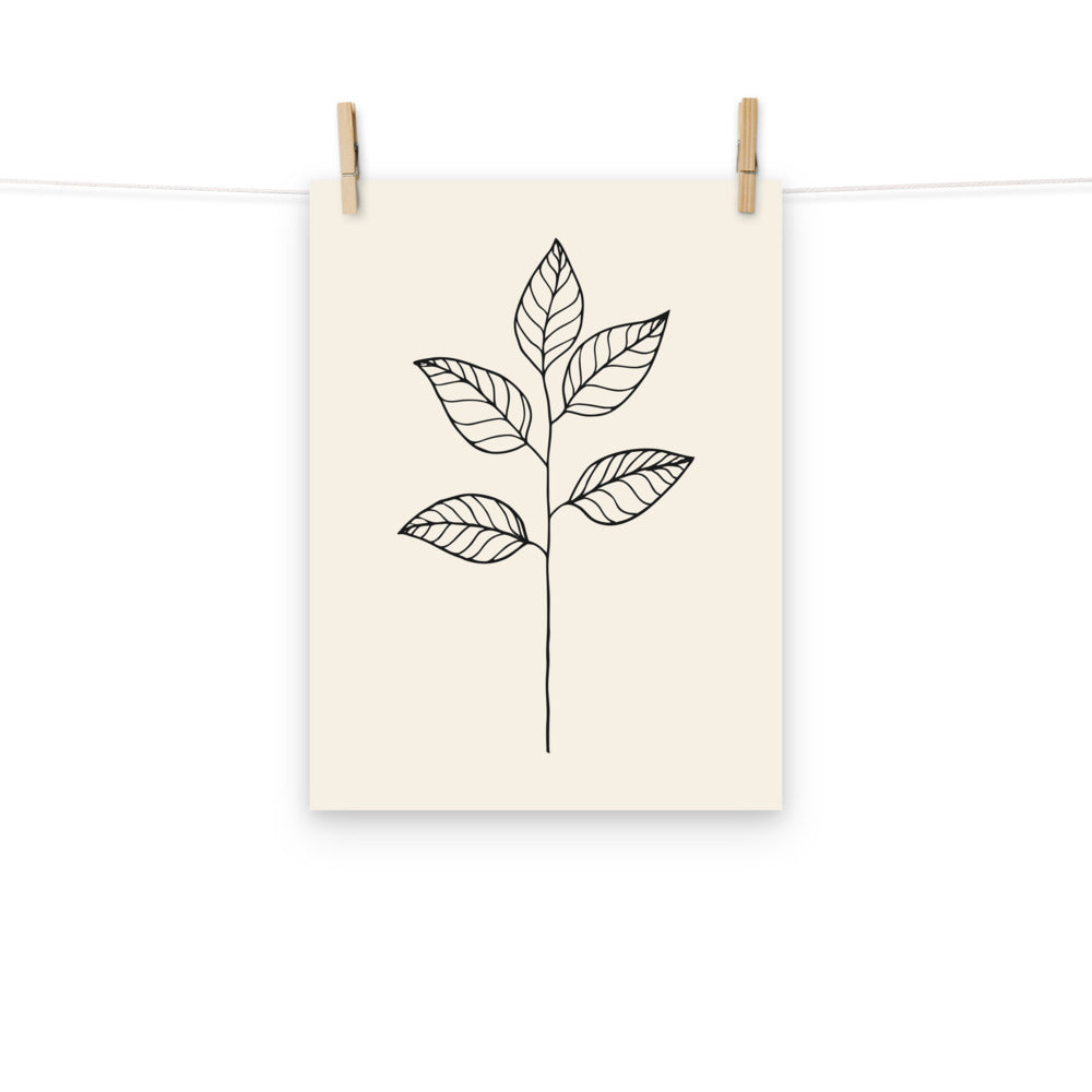A minimal black ink illustration of a single eucalyptus stem with four ovate leaves on an art print. Hung with wooden pegs, 12″×16″ size.