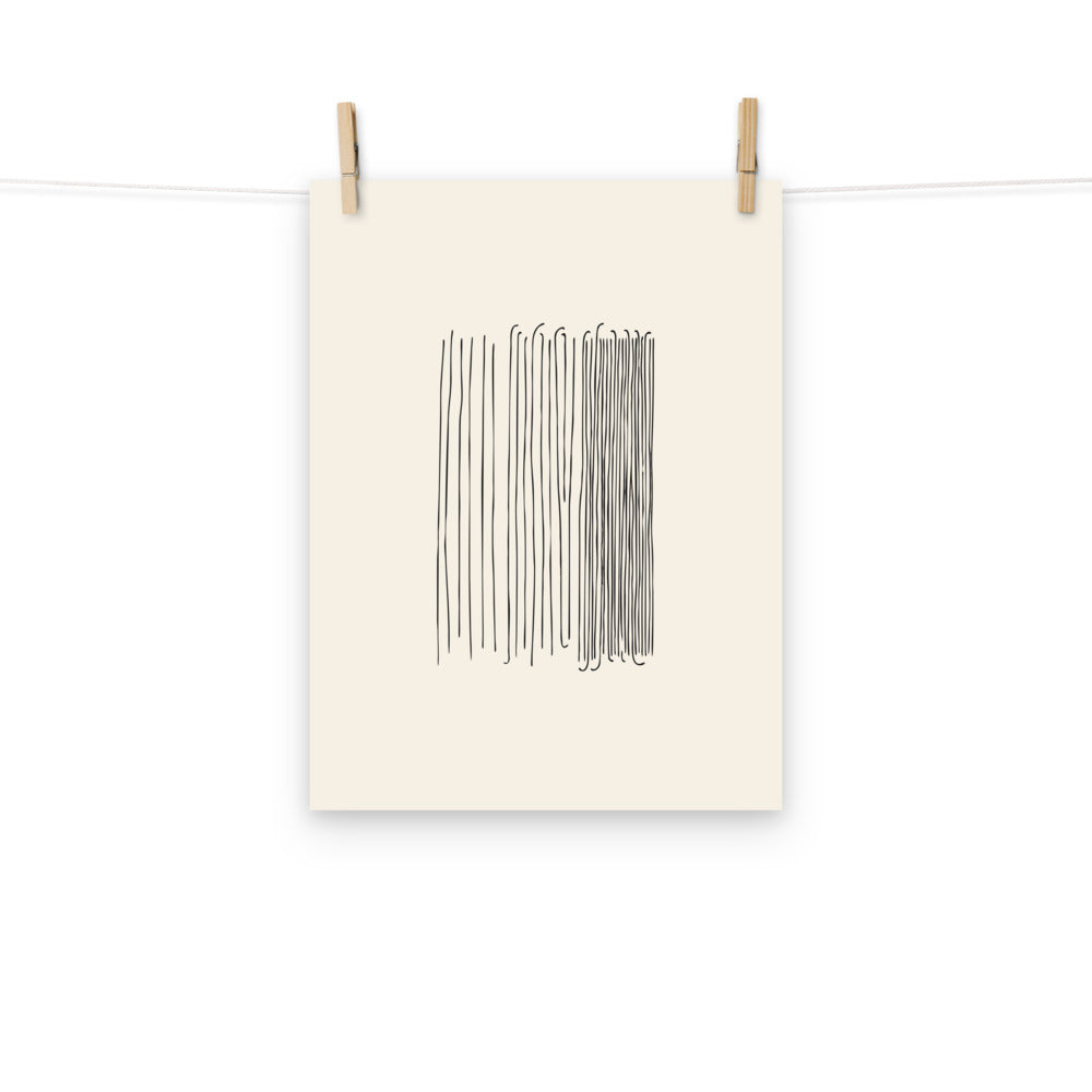A three-column minimalist line art rain pattern printed on an art print. Hung with wooden pegs, 12″×16″ size.