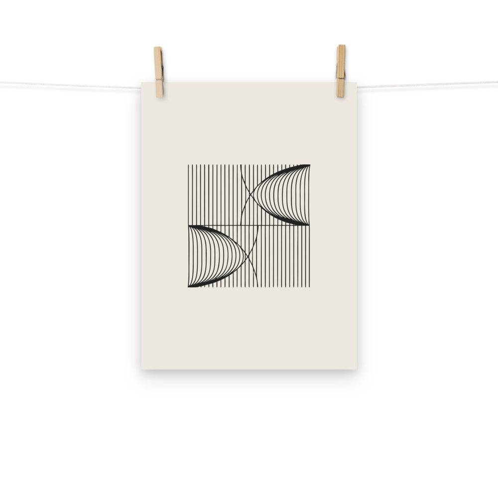 A precise mathematical design of parallel vertical lines with catenary displacement printed on an art print. Hung with wooden pegs, 12″×16″ size.