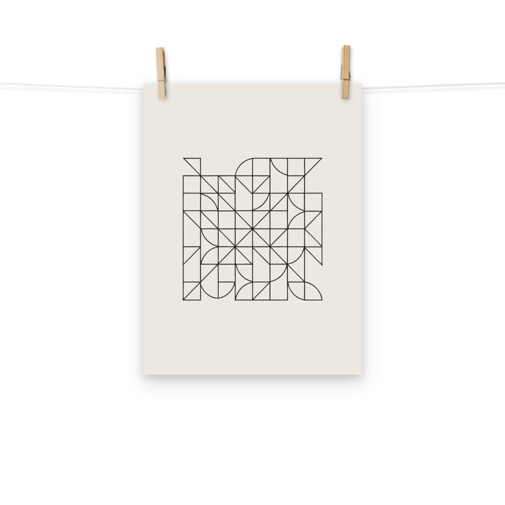 A dense, single-line self-avoiding walk path graphic in hairline weight on an art print. Hung with wooden pegs, 12″×16″ size.