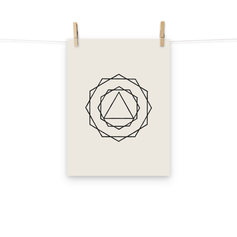 A nested progression of regular polygons from a central triangle to a 24-gon in crisp vector lines on an art print. Hung with wooden pegs, 12″×16″ size.