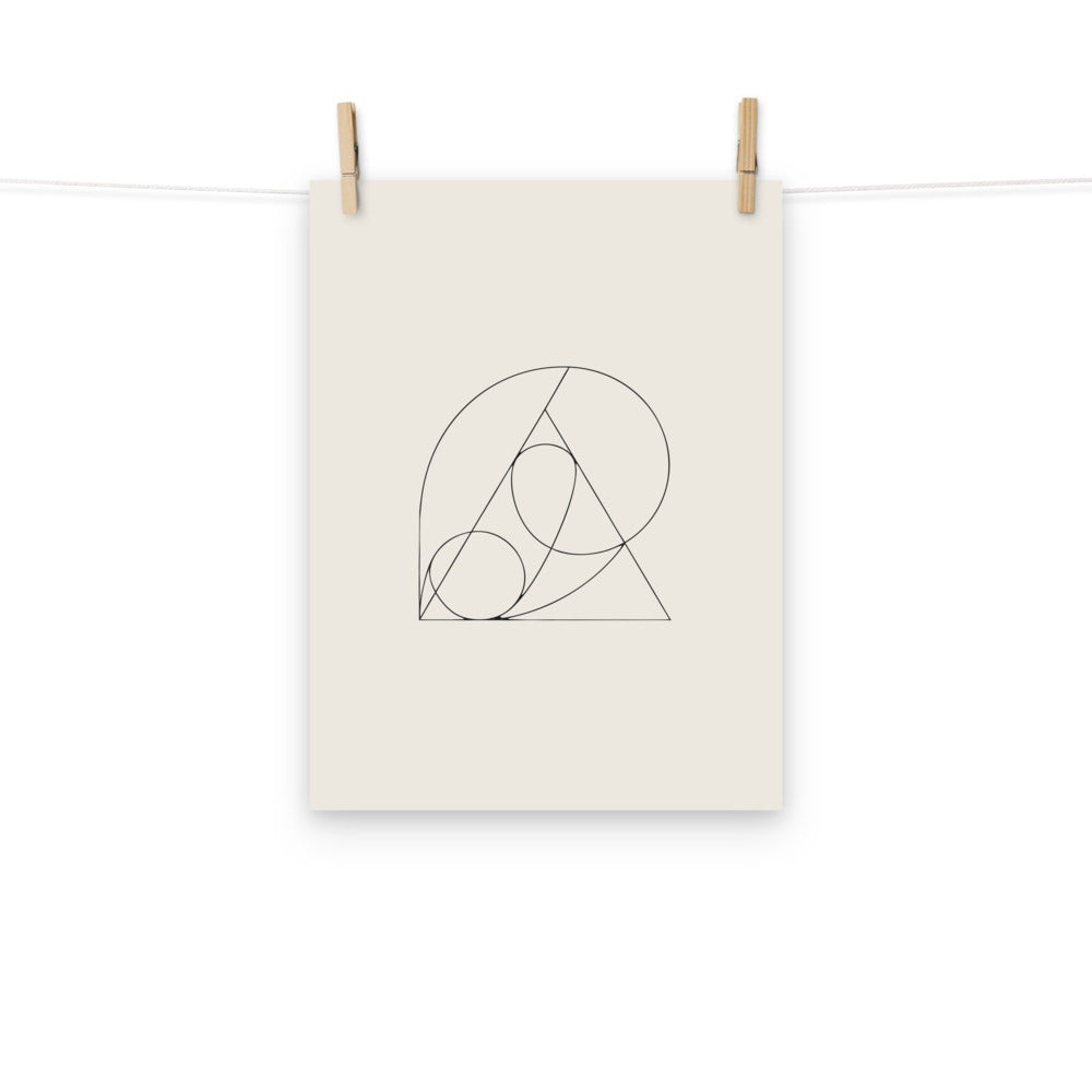 A pedal curve parabola construction in fine hairline strokes printed on an art print. Hung with wooden pegs, 12″×16″ size.