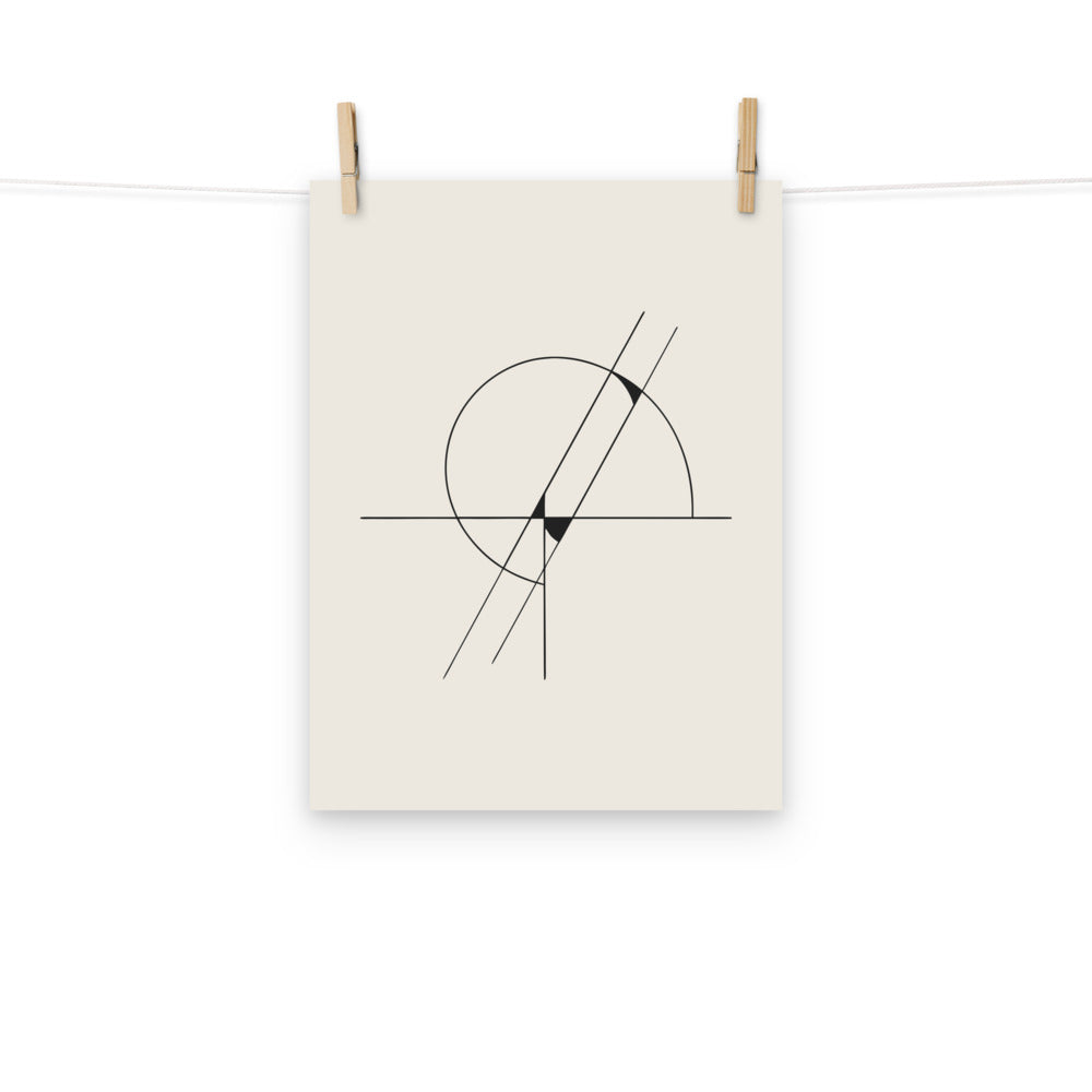 A geometric line drawing of the Witch of Agnesi mathematical curve printed on an art print. Hung with wooden pegs, 12″×16″ size.