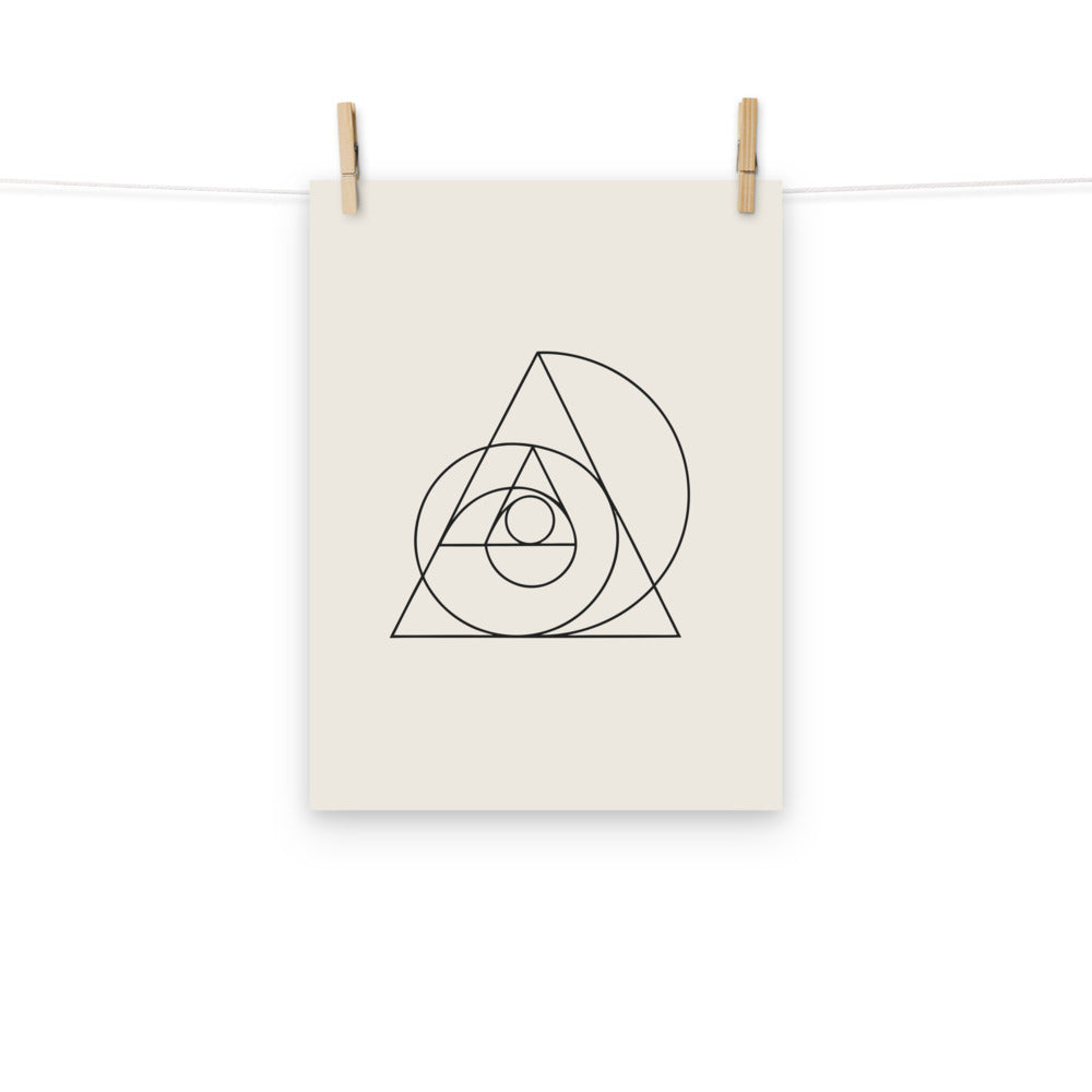 A nested sequence of Kepler triangles in fine vector lines printed on an art print. Hung with wooden pegs, 12″×16″ size.