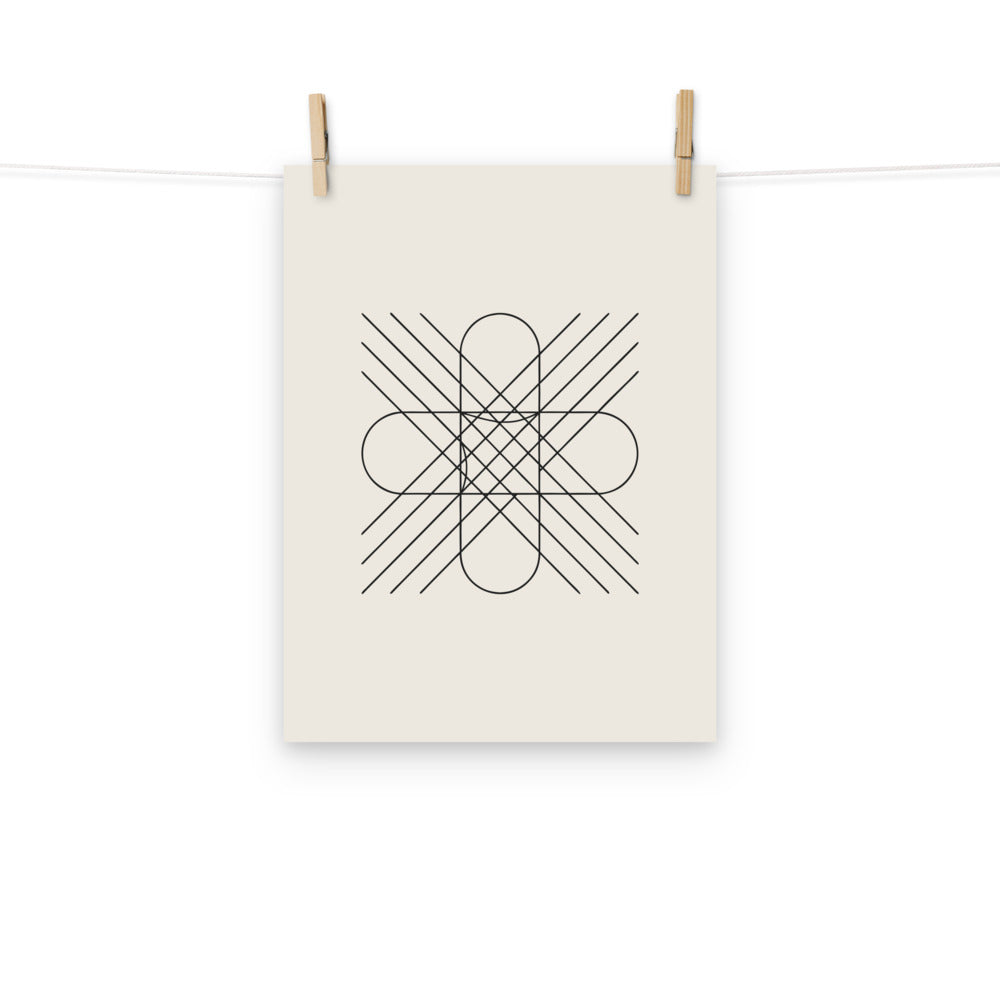 Symmetrical orthogonal hyperbolic curves in a hairline vector grid printed on an art print. Hung with wooden pegs, 12″×16″ size.