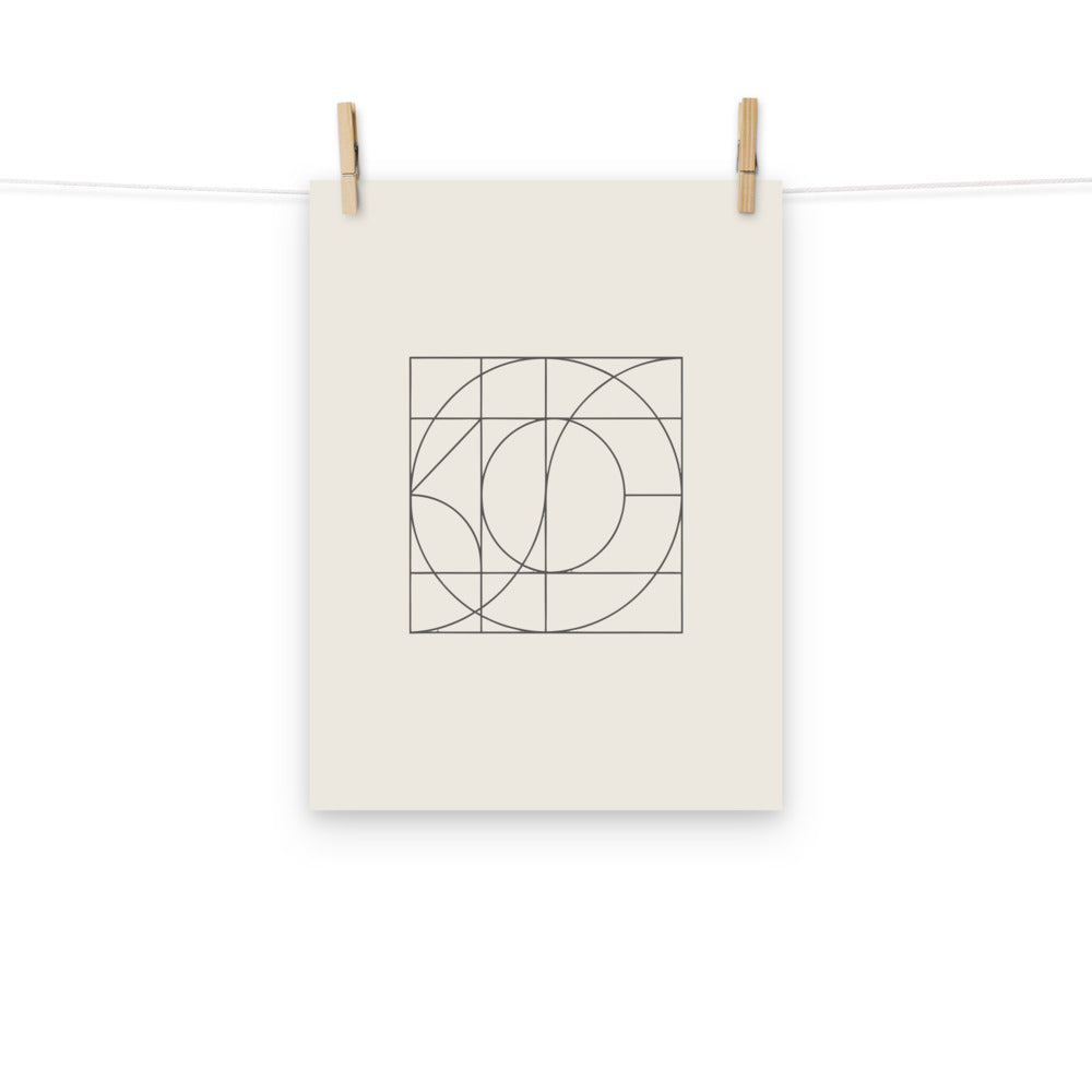 A sine-sheared orthogonal grid graphic in identical hairline thickness printed on an art print. Hung with wooden pegs, 12″×16″ size.