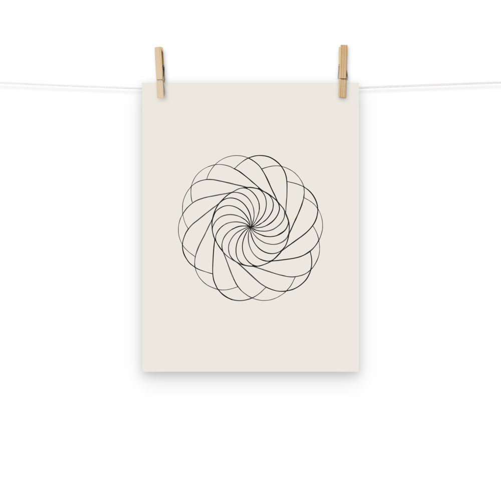 A sequence of nested Reuleaux triangles rotated progressively around a central hub, printed on an art print. Hung with wooden pegs, 12″×16″ size.