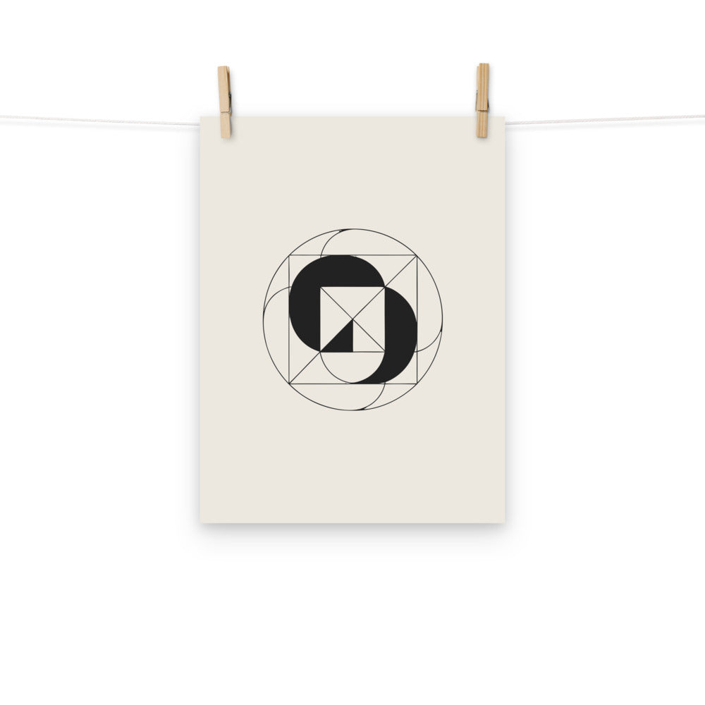 A geometric design of inverted concentric circles in thin vector lines on an art print. Hung with wooden pegs, 12″×16″ size.