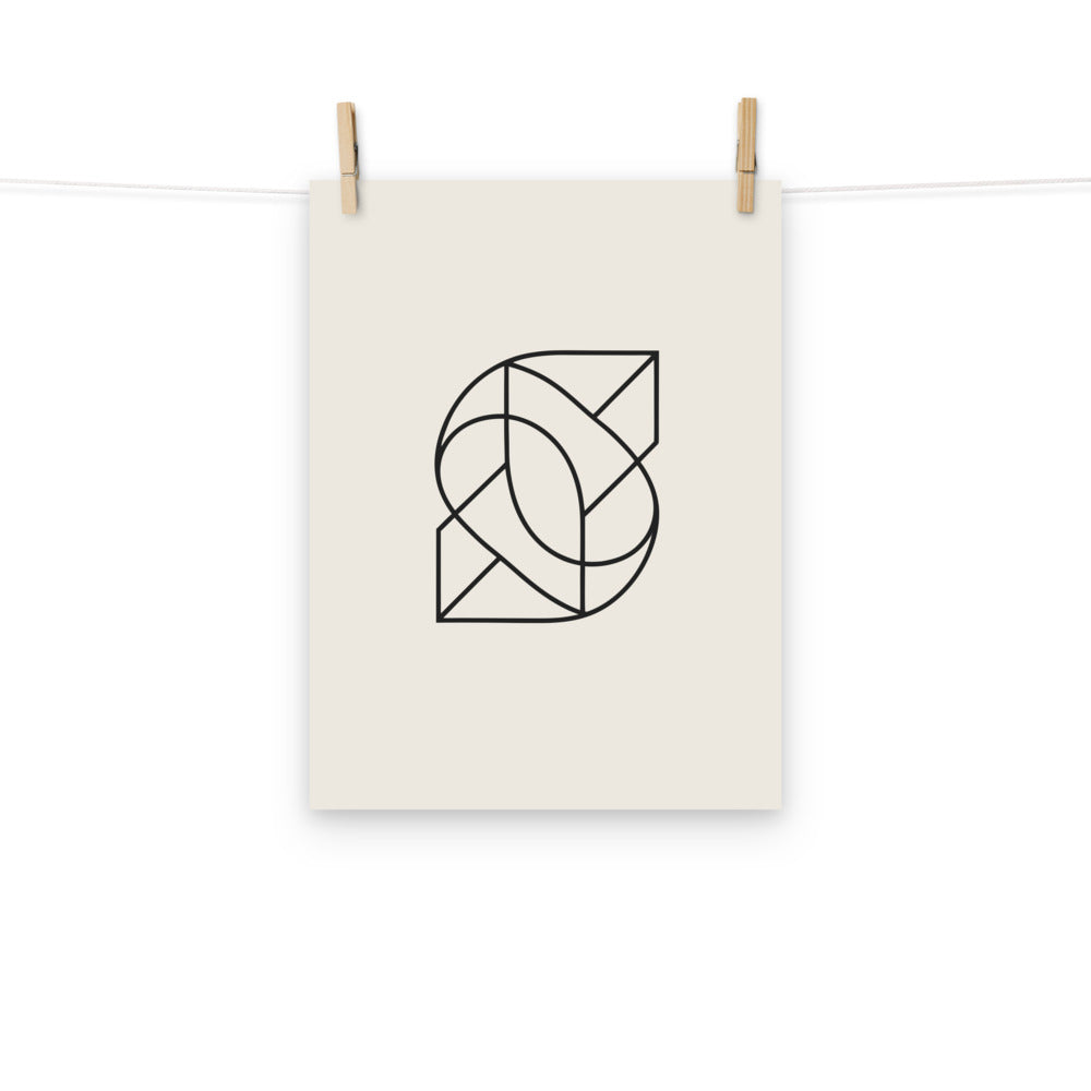 A flat orthographic vector projection of a 3D Lissajous knot printed in a single continuous hairline path on an art print. Hung with wooden pegs, 12″×16″ size.