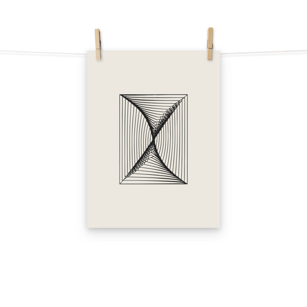 A systematic vector print of parallel vertical lines distorted by a central spiral on an art print. Hung with wooden pegs, 12″×16″ size.
