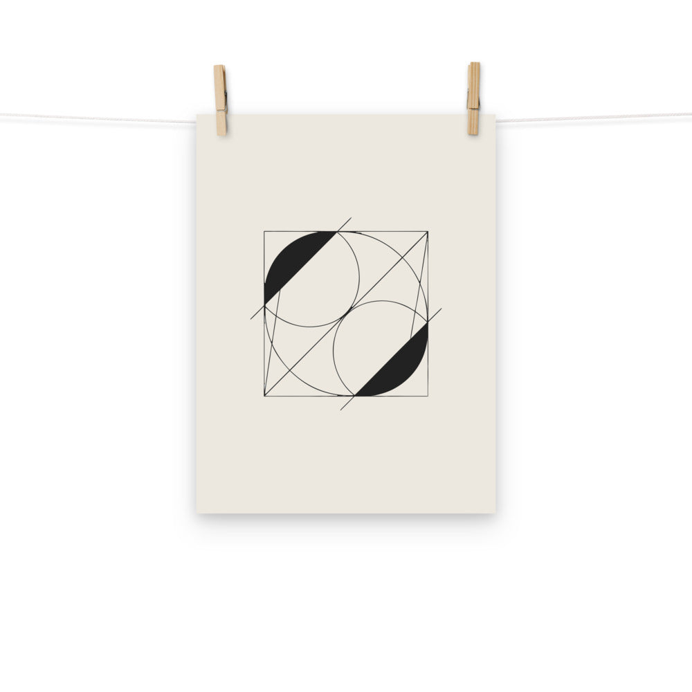A vector line art design of intersecting crescent-shaped lunettes over a right triangle on an art print. Hung with wooden pegs, 12″×16″ size.