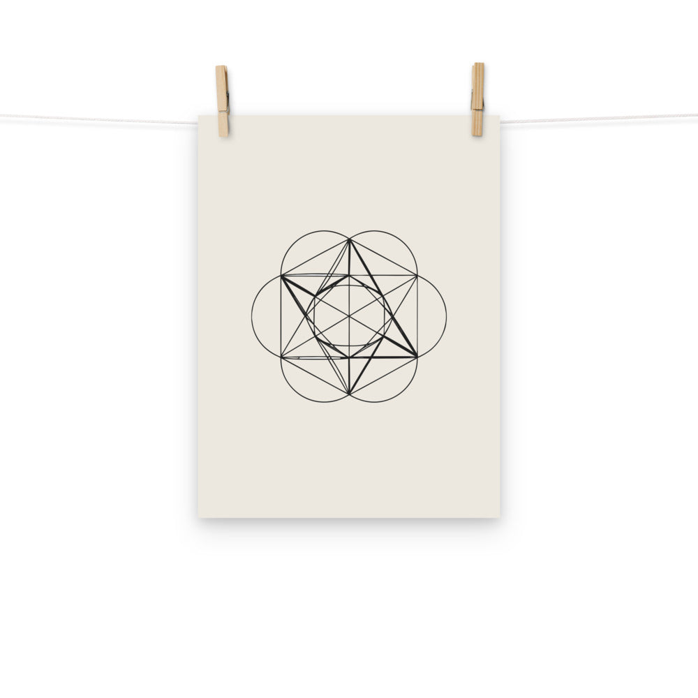 A symmetric orthographic projection of a great icosahedron wireframe printed on an art print. Hung with wooden pegs, 12″×16″ size.