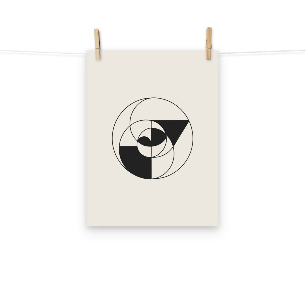An Apollonian gasket fractal curve of nested tangent circles in fine vector lines on a minimalist art print. Hung with wooden pegs, 12″×16″ size.