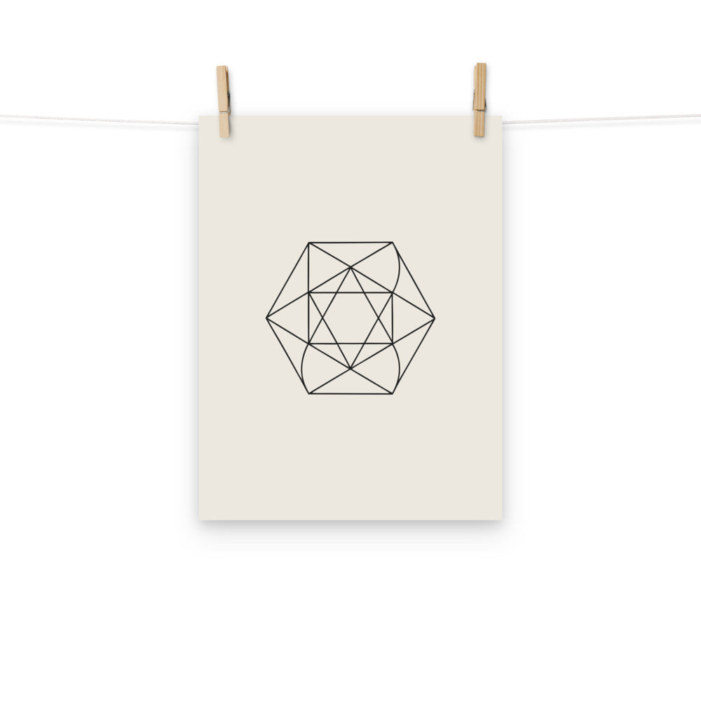 A regular heptagon subdivided into interlocking triangles and outer radiating facets in clean hairline stroke art on an art print. Hung with wooden pegs, 12″×16″ size.