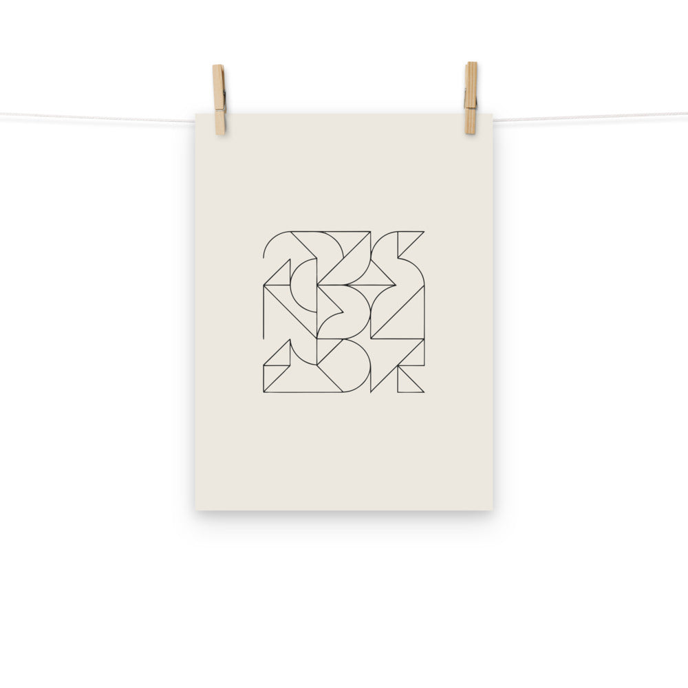 A modular grid of interlocking Wang tiles in thin hairline lines printed on an art print. Hung with wooden pegs, 12″×16″ size.