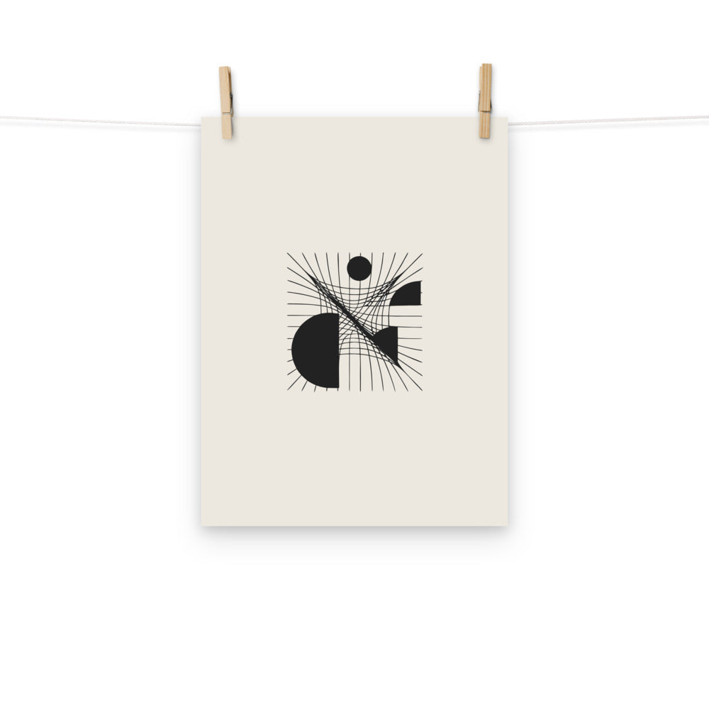 A minimalist sheared parallel grid design in precise hairline strokes on an art print. Hung with wooden pegs, 12″×16″ size.