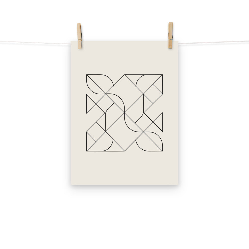 A vector line drawing of a Heesch tiling pattern with interlocking irregular polygons on an art print. Hung with wooden pegs, 12″×16″ size.