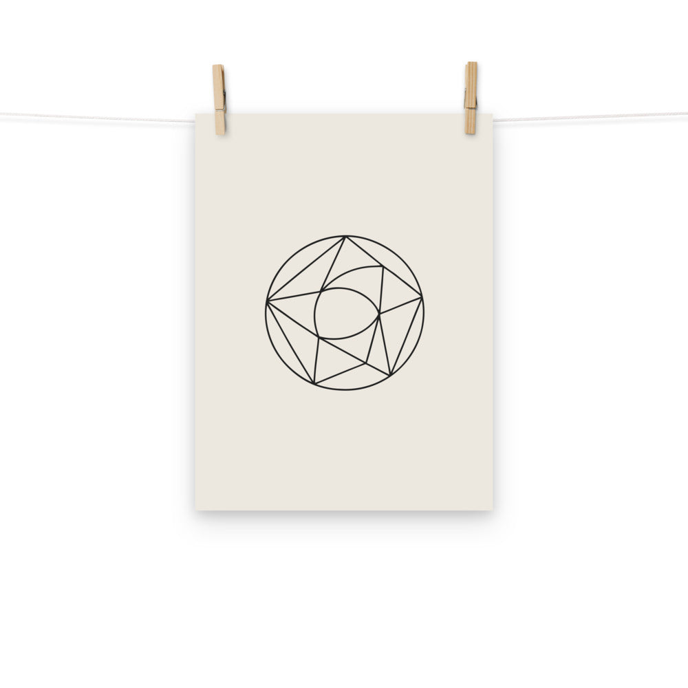 An orthographic projection of a triangulated Mobius strip printed in thin wireframe lines on an art print. Hung with wooden pegs, 12″×16″ size.