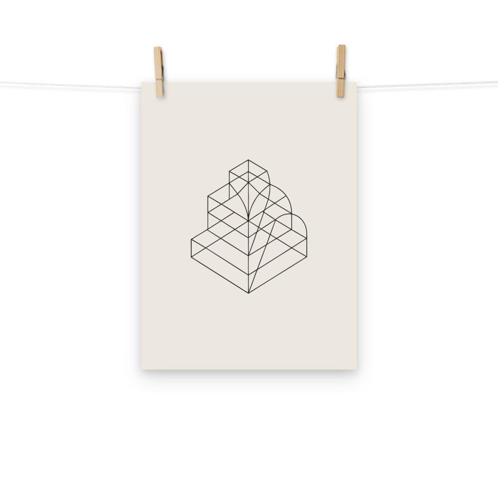 An isometric wireframe projection of a stepped, square-based pyramid printed on an art print. Hung with wooden pegs, 12″×16″ size.