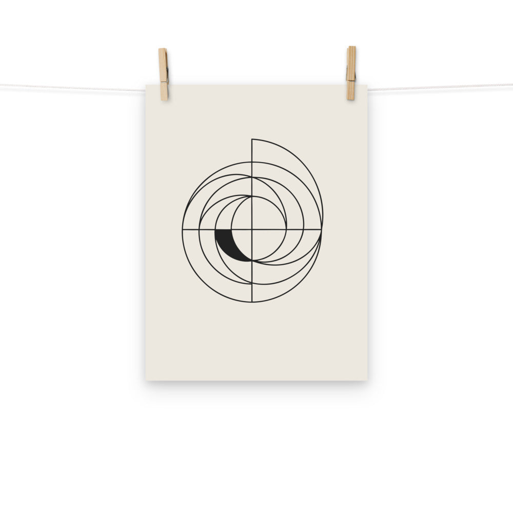Concentric polar shift circle design in thin uniform lines printed on an art print. Hung with wooden pegs, 12″×16″ size.