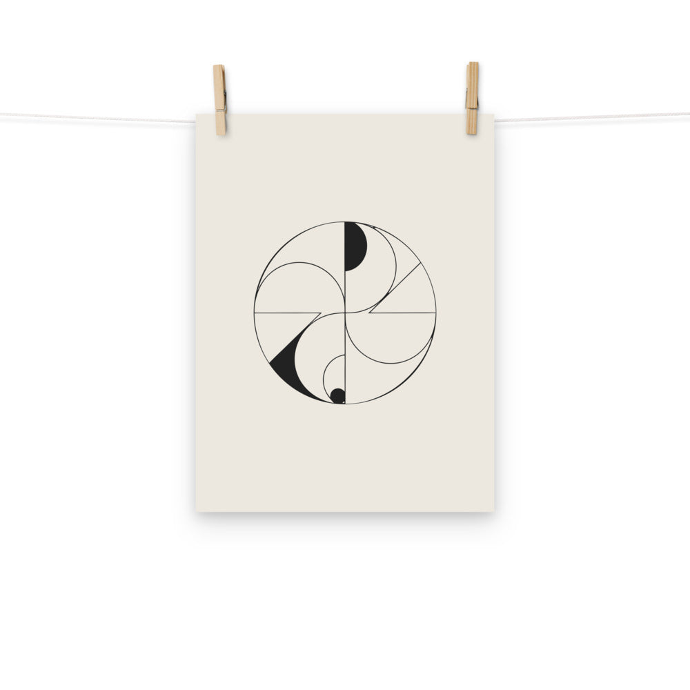 Hairline-weight vector illustration of dual overlapping spiric torus lobes printed on a minimalist art print. Hung with wooden pegs, 12″×16″ size.
