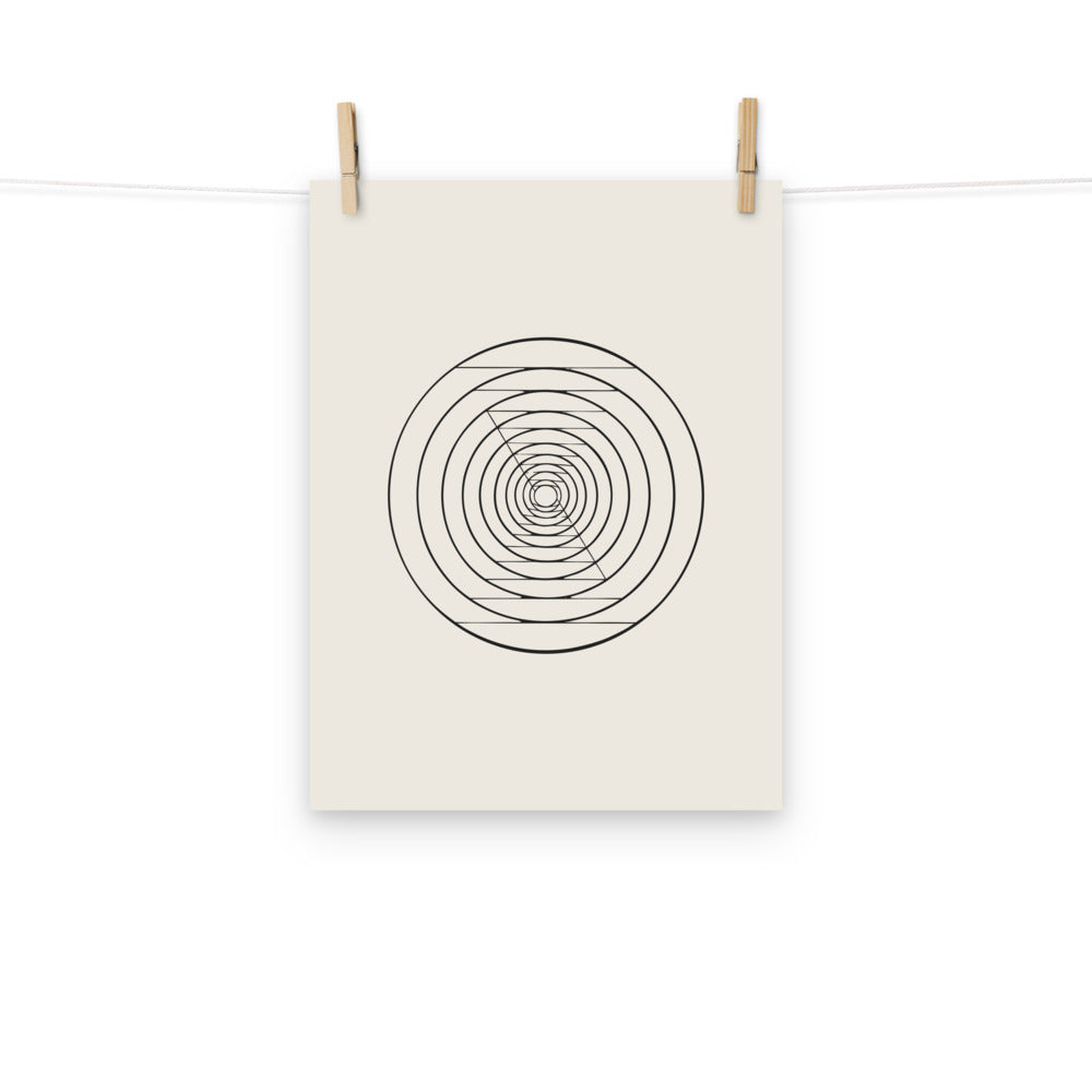 A sequence of twenty nested circles with logarithmic radial spacing on an art print. Hung with wooden pegs, 12″×16″ size.