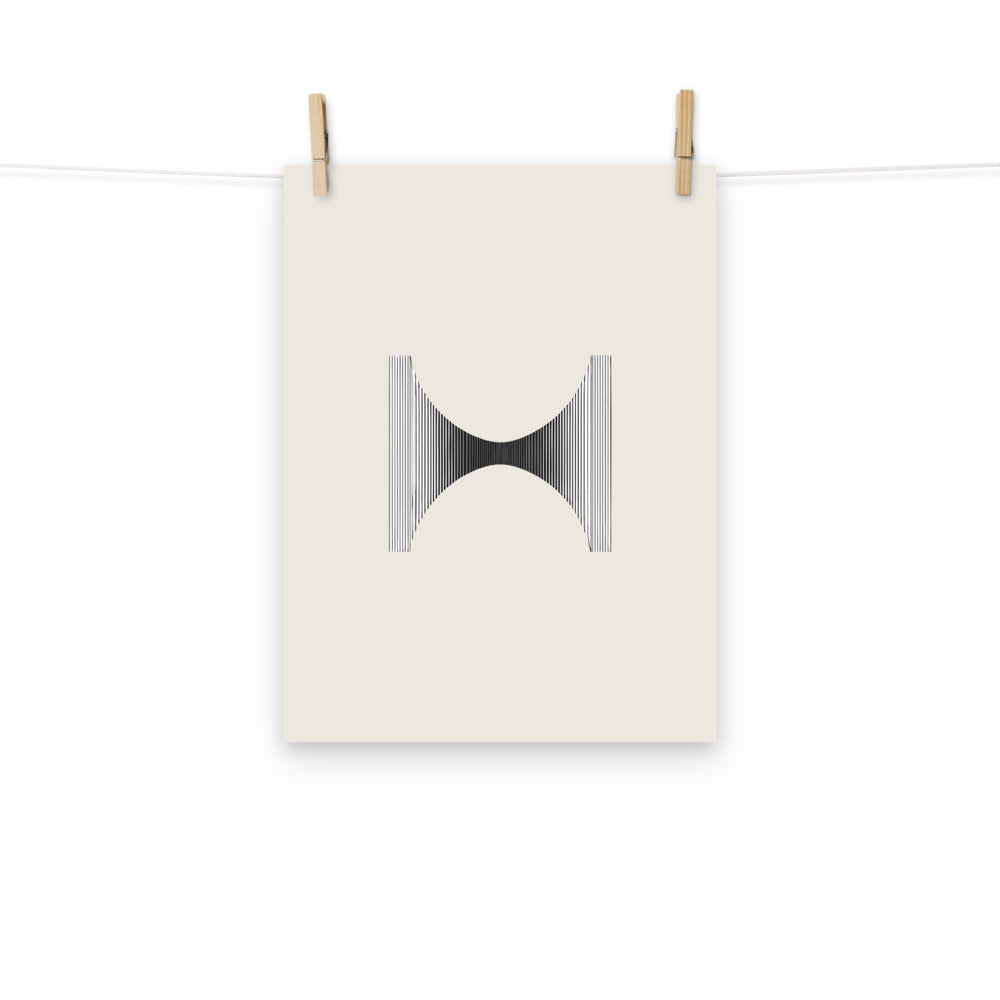 A field of vertical parallel lines deflected at the center by a Lorentzian curve, printed on an art print. Hung with wooden pegs, 12″×16″ size.