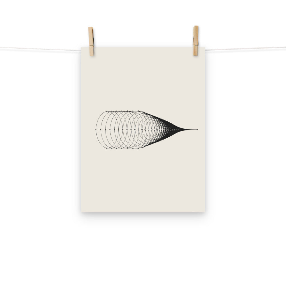 A horizontal vector path displaying a frequency-modulated sine wave with systematic compression on an art print. Hung with wooden pegs, 12″×16″ size.