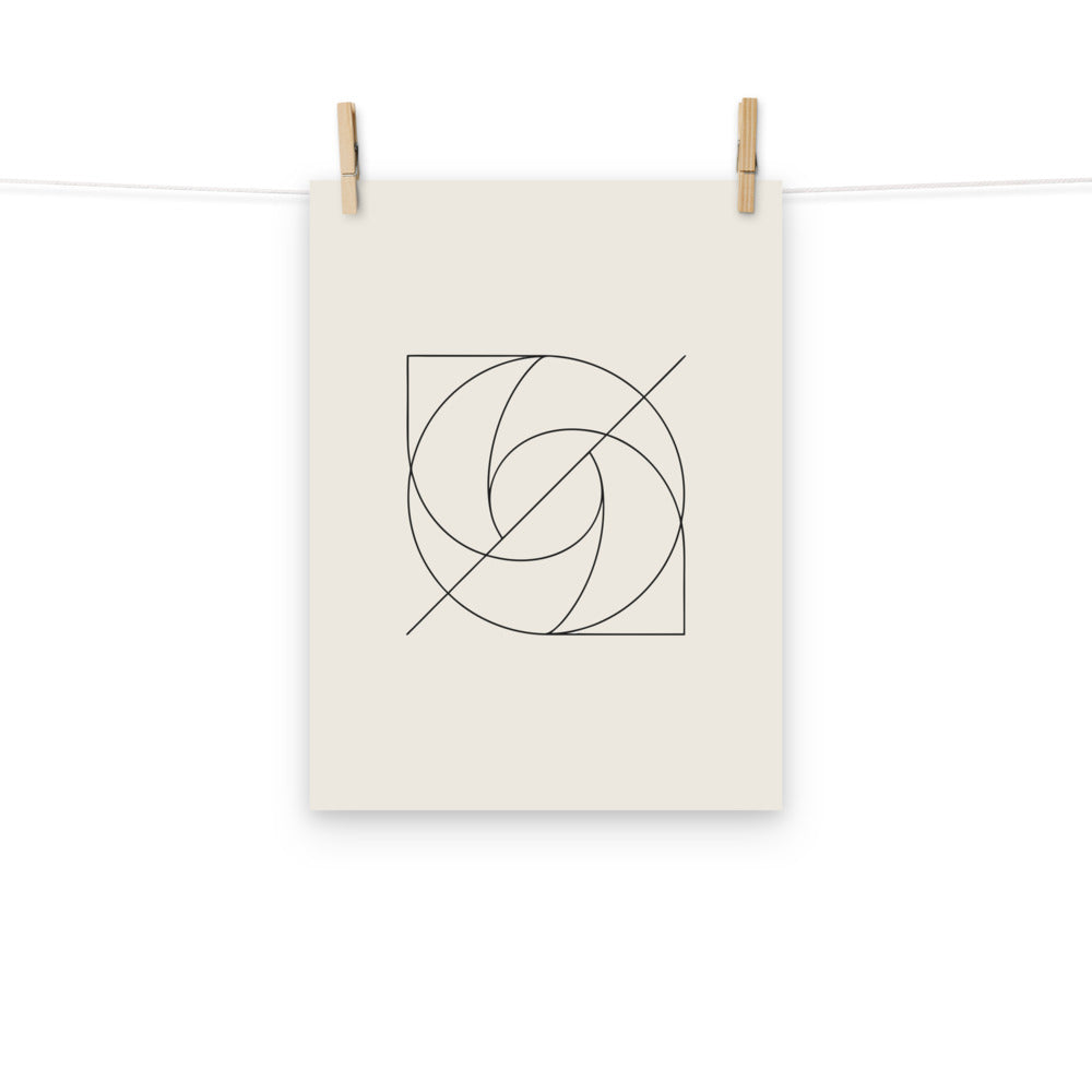 A mathematical limacon curve with a single continuous vector line and inner loop printed on an art print. Hung with wooden pegs, 12″×16″ size.