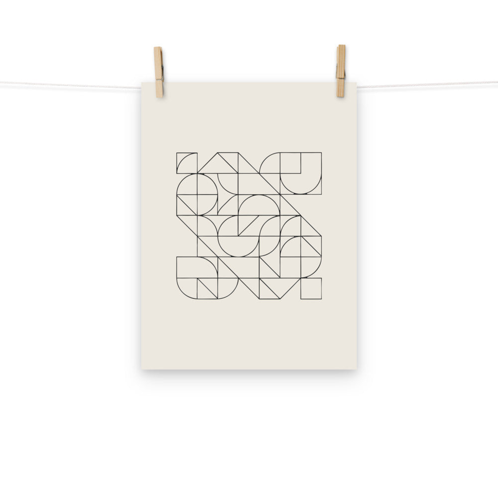 A continuous Pythagorean tiling pattern of alternating small and large squares in hairline strokes printed on an art print. Hung with wooden pegs, 12″×16″ size.