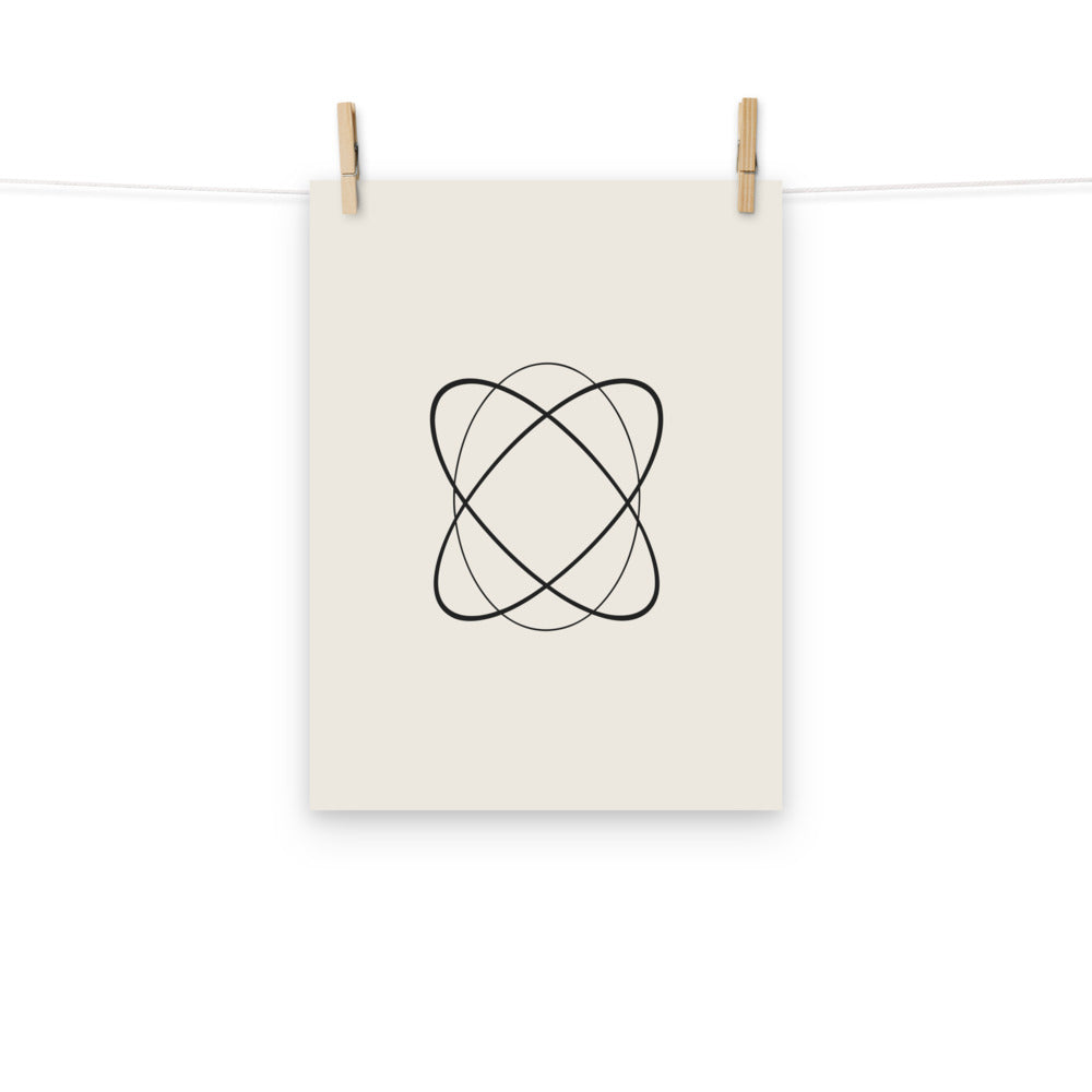 A single continuous Lissajous curve vector path printed on an art print. Hung with wooden pegs, 12″×16″ size.