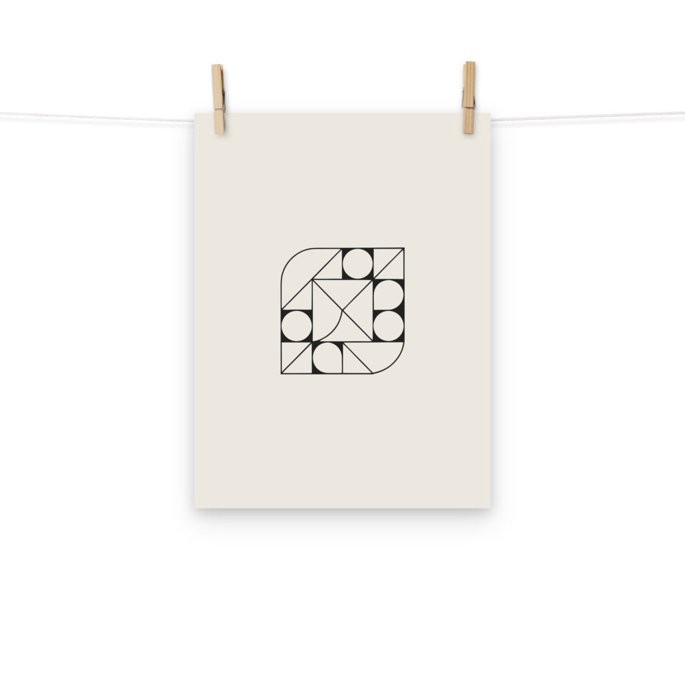 A fourth-iteration Hilbert space-filling curve printed as a precise orthogonal grid design on an art print. Hung with wooden pegs, 12″×16″ size.