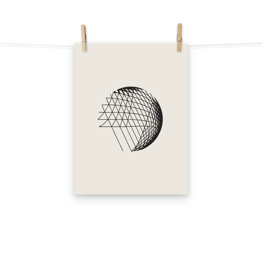 An abstract hyperbolic cylinder printed on an art print, constructed from intersecting straight vector lines. Hung with wooden pegs, 12″×16″ size.