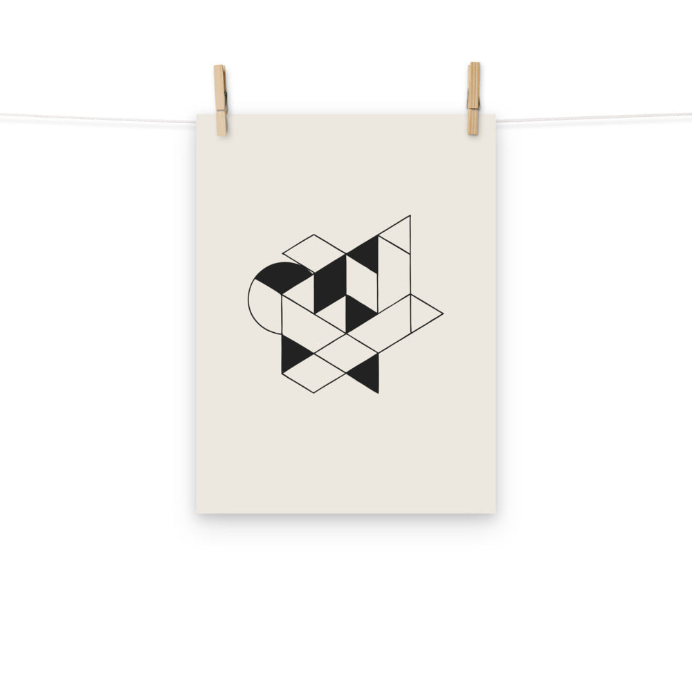 Isometric impossible tribar geometric line art design printed on an art print. Hung with wooden pegs, 12″×16″ size.
