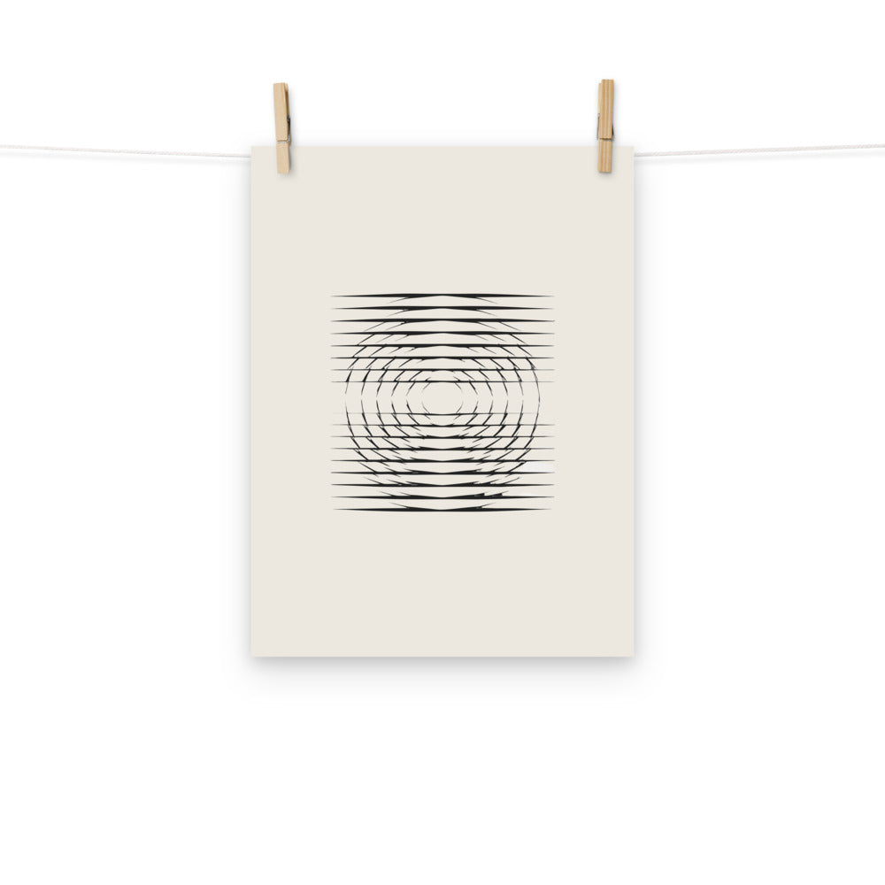 A grid of horizontal line segments decreasing in density radially from a central focal point, printed on an art print. Hung with wooden pegs, 12″×16″ size.