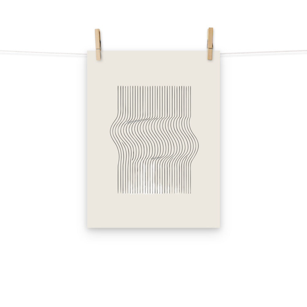 Phased wave modulation linear art design featuring sixty parallel lines with sinusoidal deformation on an art print. Hung with wooden pegs, 12″×16″ size.