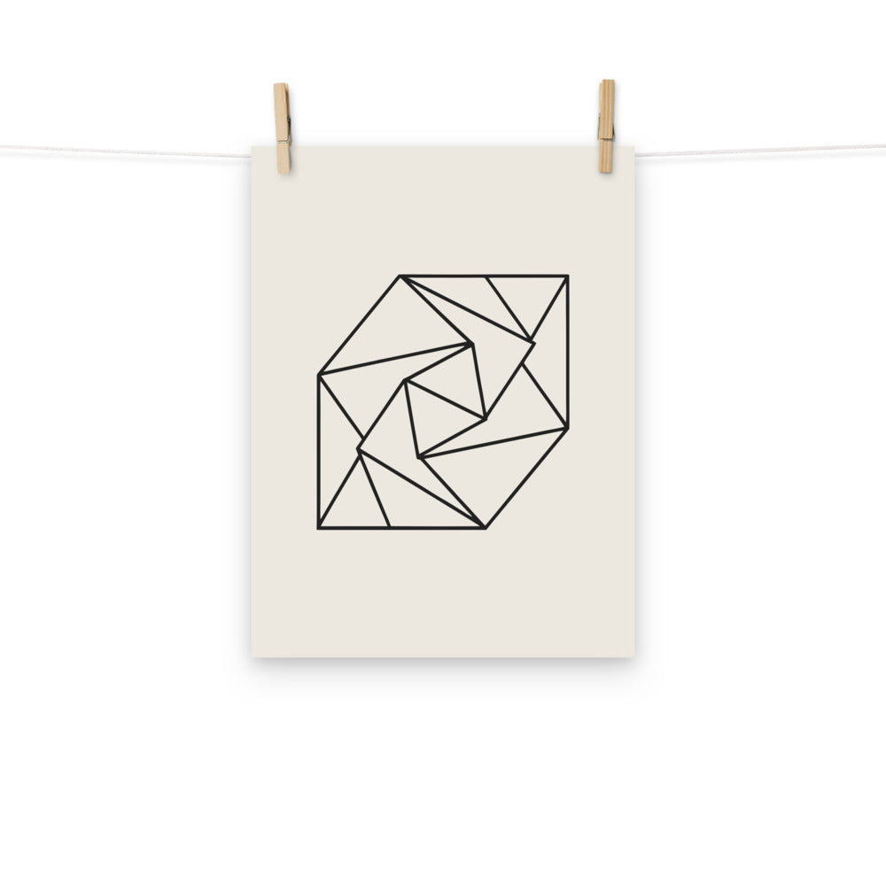 A spiral progression of twelve folded triangular planes in a hairline-weight line art print on a classic art print. Hung with wooden pegs, 12″×16″ size.