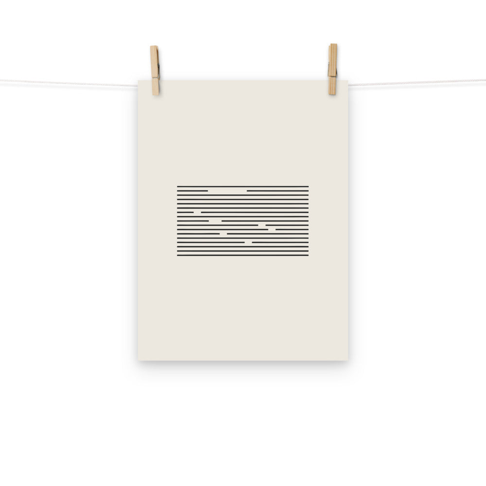 A staggered grid of ruled horizontal line segments printed in a minimalist linear abstract style on an art print. Hung with wooden pegs, 12″×16″ size.
