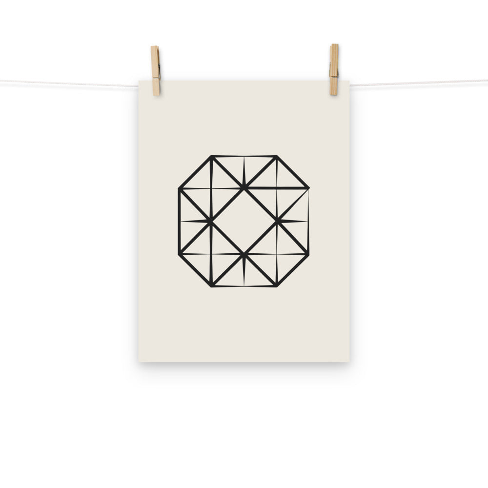 Technical illustration of four interlocking squares rotated ninety degrees on an art print. Hung with wooden pegs, 12″×16″ size.